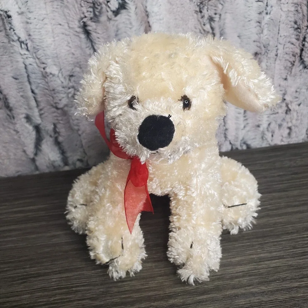 Snuggie Toy Light Brown Tan Puppy Dog Plush Stuffed Animal Red Sheer Bow
